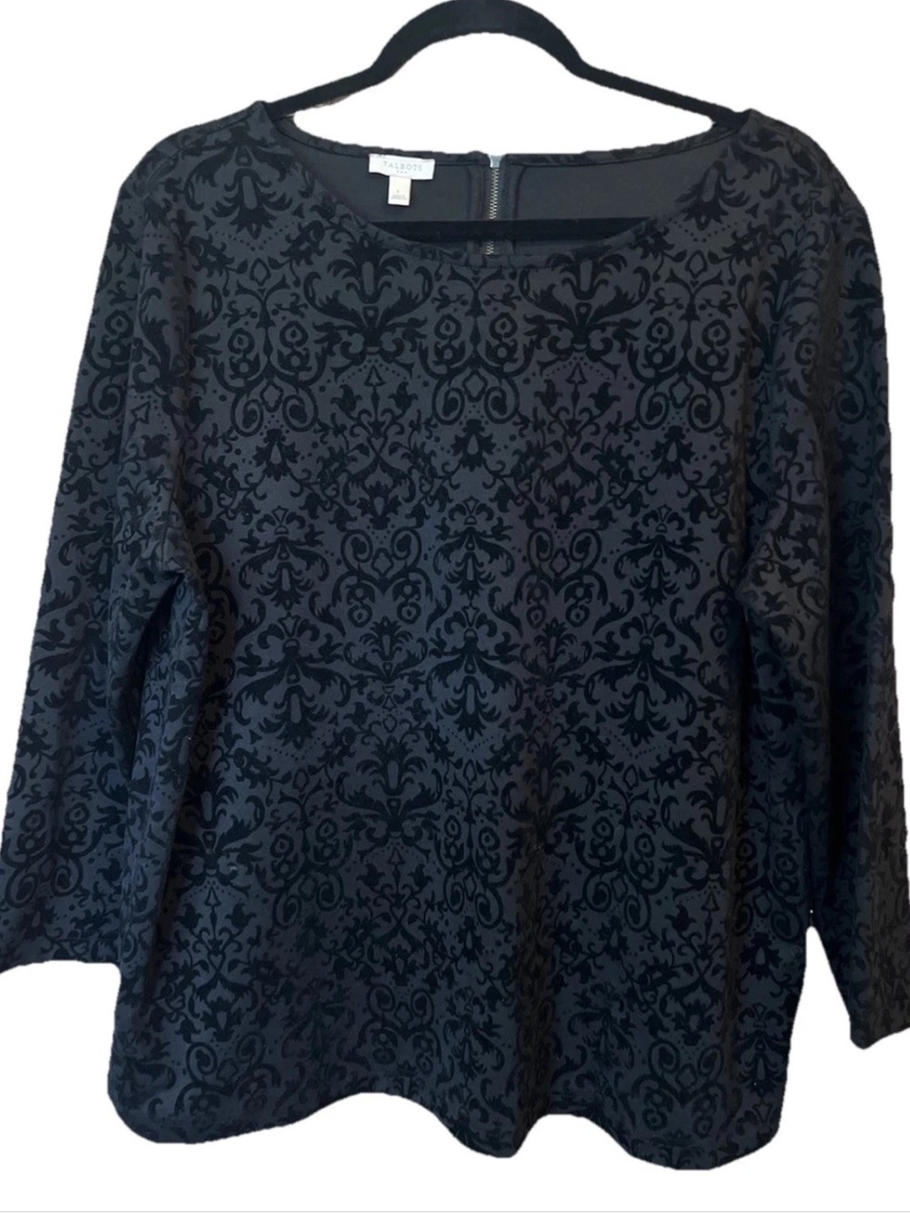Talbots Black Velvet Damask Flocked Burnout Top Blouse 3/4 Sleeve Size Large